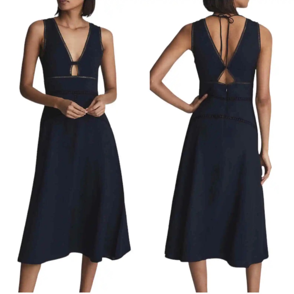 Nwt Reiss Leena Embroidered Midi Dress Navy Size 4